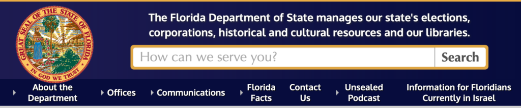 Florida Dept of state website header that describes all that it manages: including corporations. https://dos.fl.gov